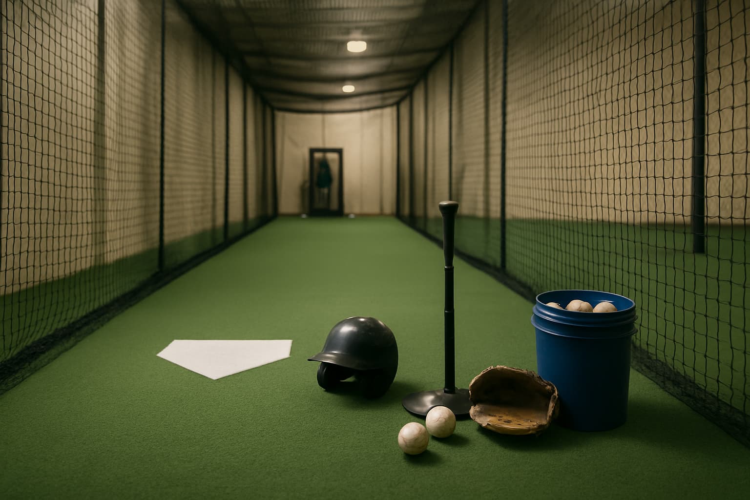 Indoor batting cage with turf, netting, helmet, glove, tee, and bucket of baseballs.