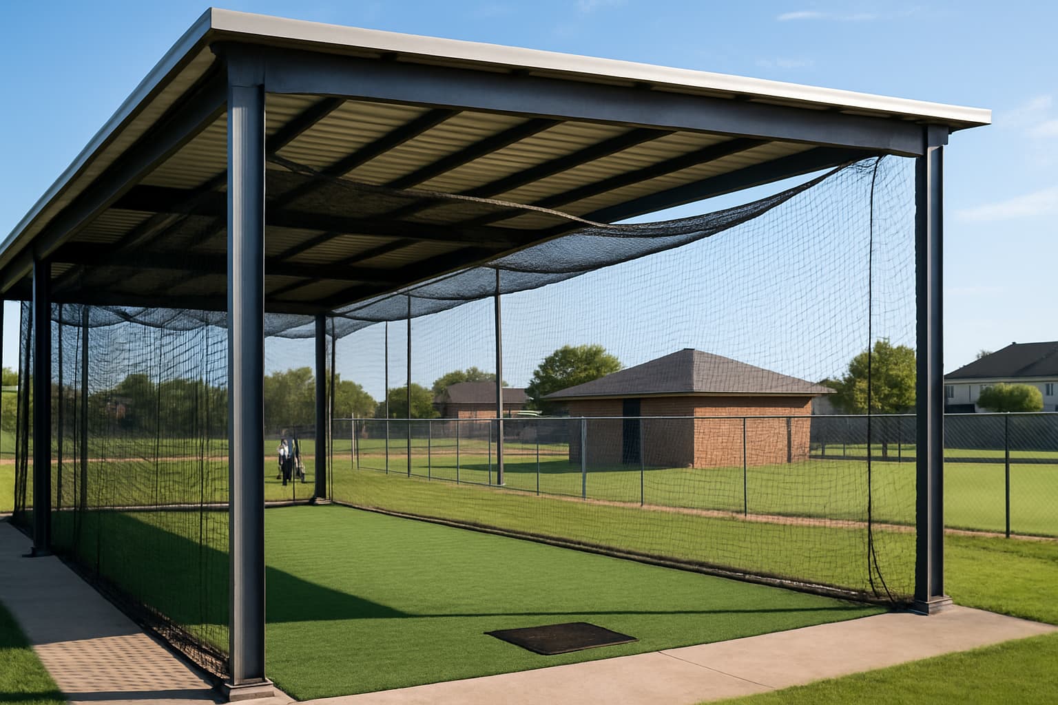 Covered batting cage with netting and turf in a suburban setting.