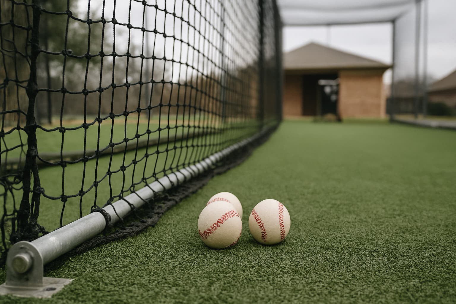 Close-up of baseballs on turf beside a batting cage netting.