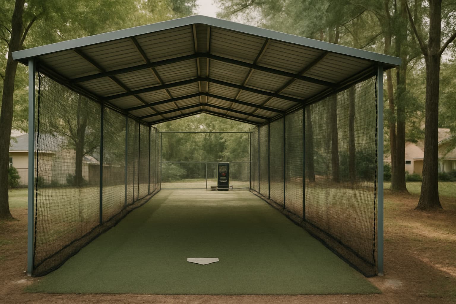 Covered batting cage with netting and turf, set in a natural environment.