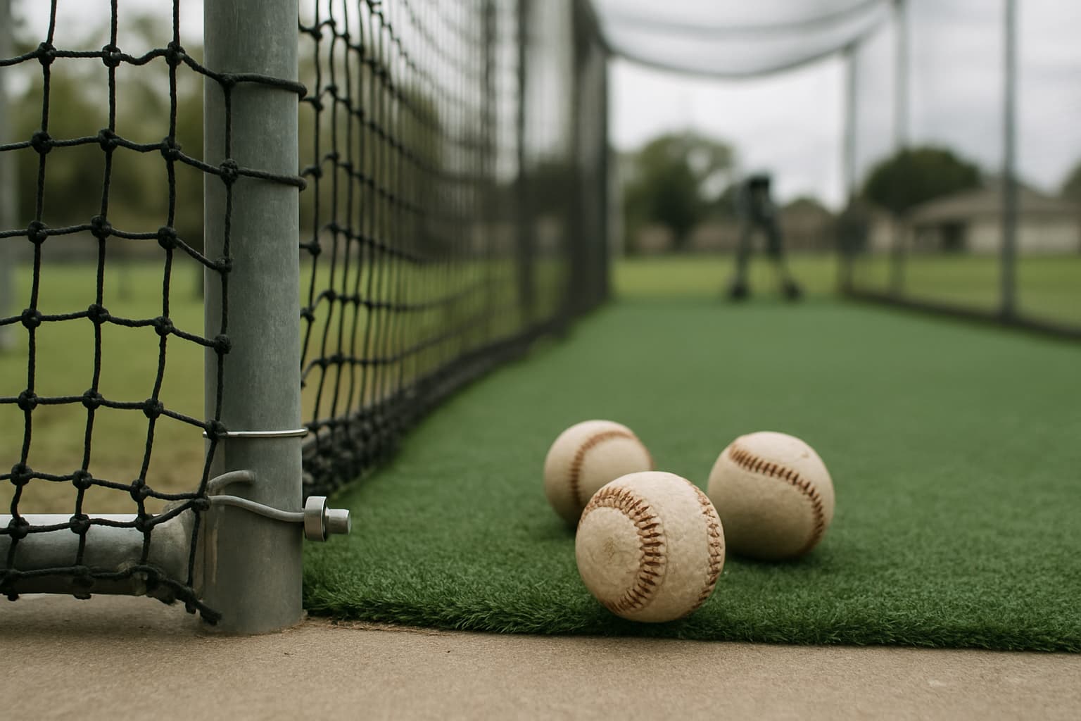 Close-up of baseballs on turf near batting cage netting.