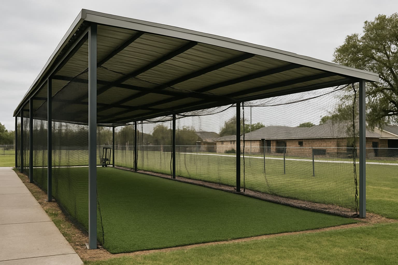 Covered batting cage with netting and artificial turf in a suburban setting.