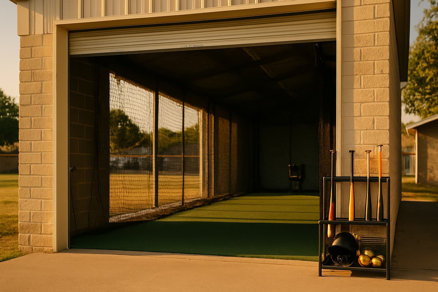 View of a batting cage entrance with organized equipment and natural light.