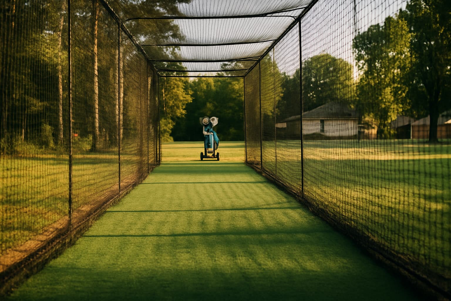 Empty batting cage with a pitching machine in the distance, surrounded by trees and grass.