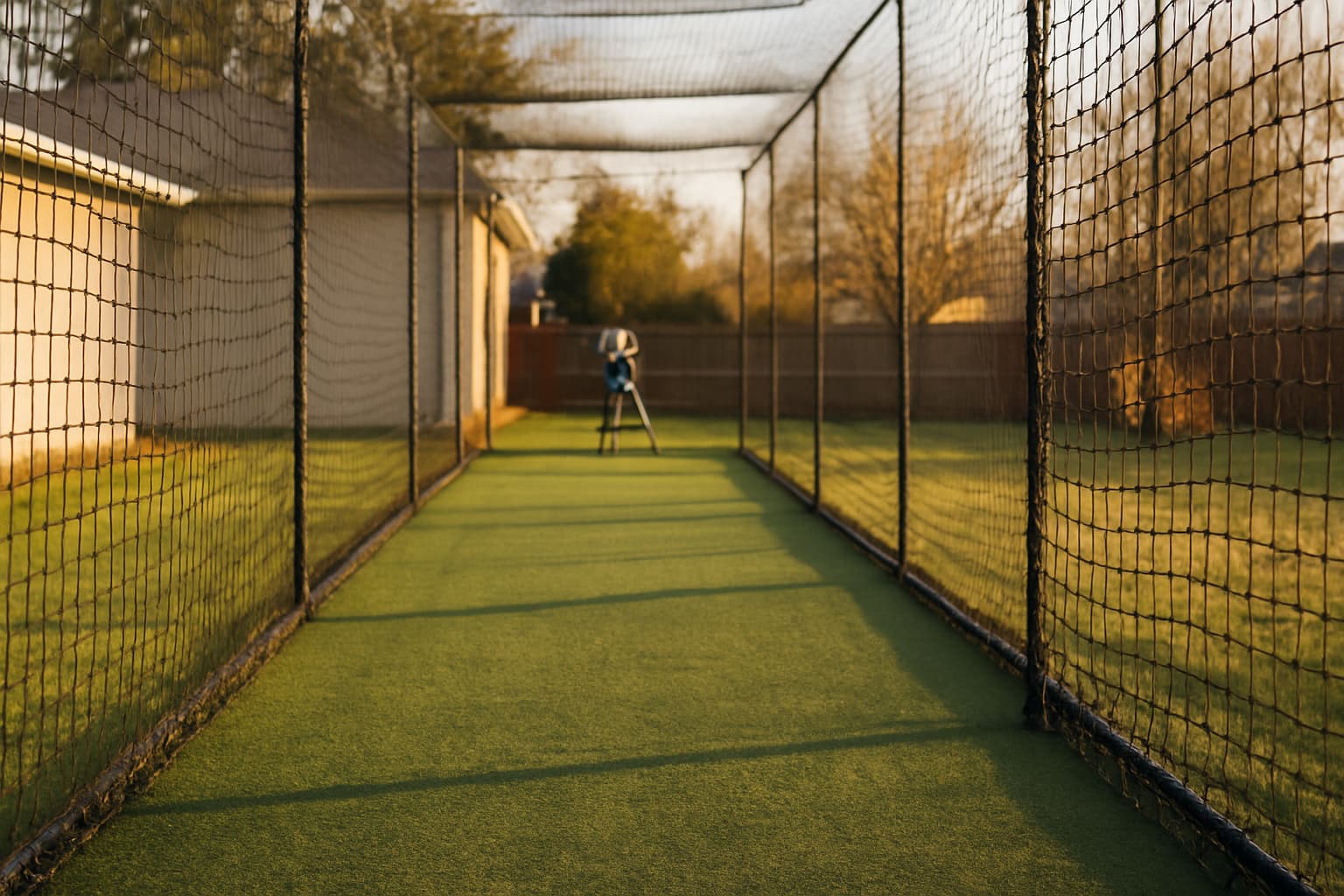 Empty batting cage lane with a pitching machine in the distance, warm afternoon light.