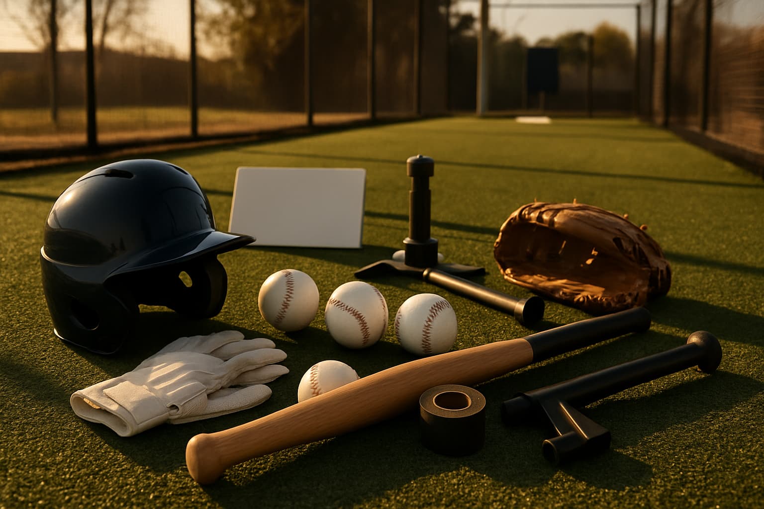 Flat lay of baseball equipment on turf: helmet, gloves, balls, bat, and tee parts.