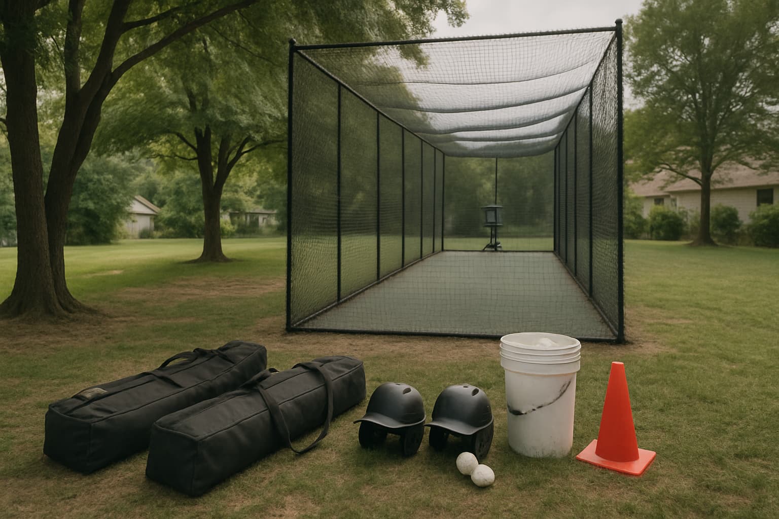 Staging area beside a batting cage with bags, helmets, and a bucket in a green park.