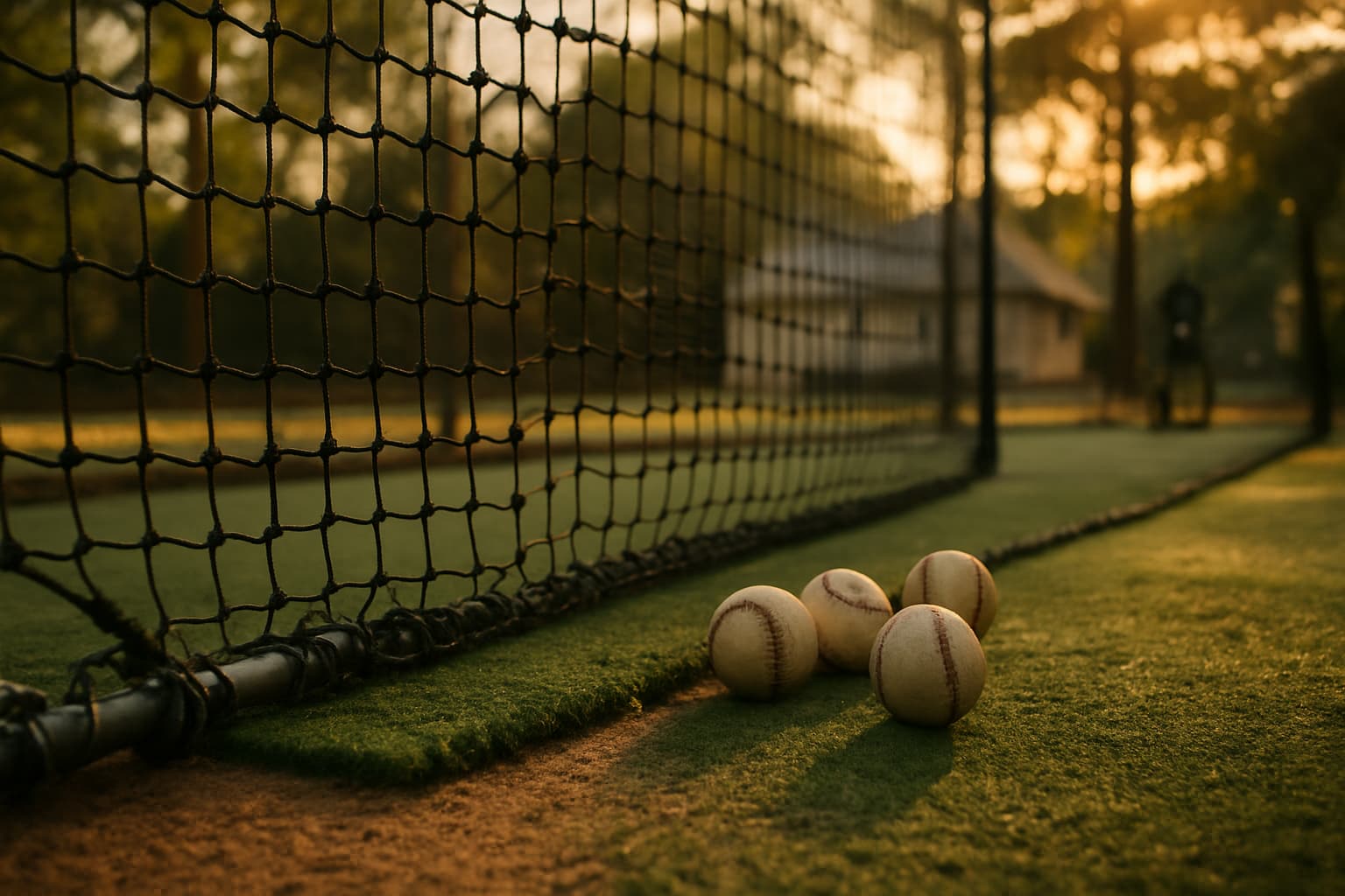 Close-up of batting cage netting and baseballs on turf in warm golden light.