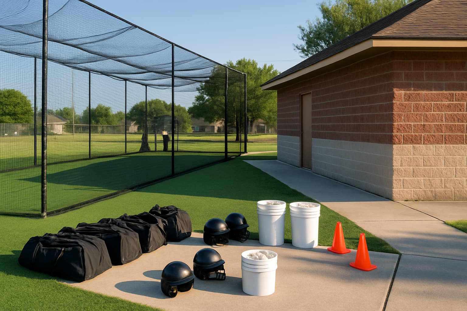 Staging area with bat bags, helmets, and buckets beside a batting cage.