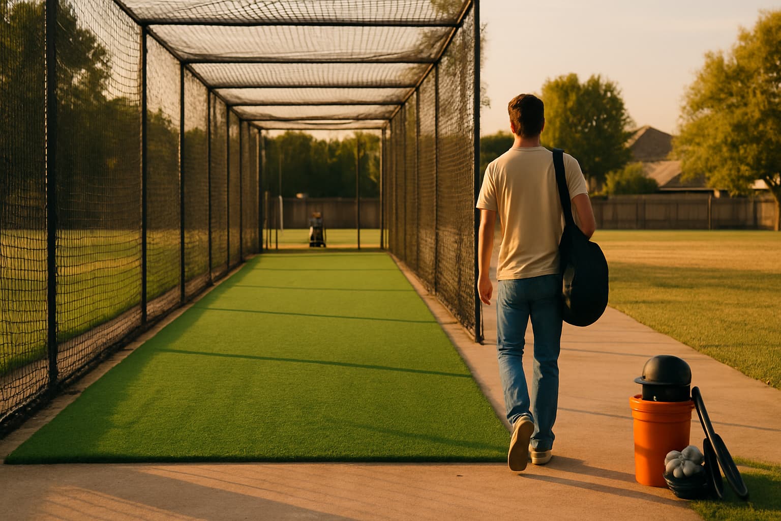 A player walks towards a batting cage entrance, bat bag over shoulder, in warm afternoon light.