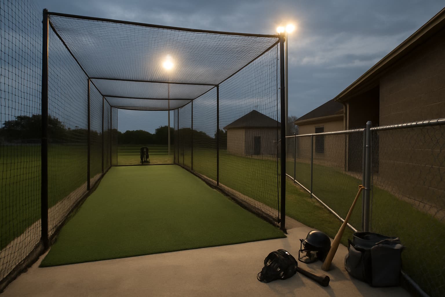 Evening view of an empty batting cage with turf and equipment.