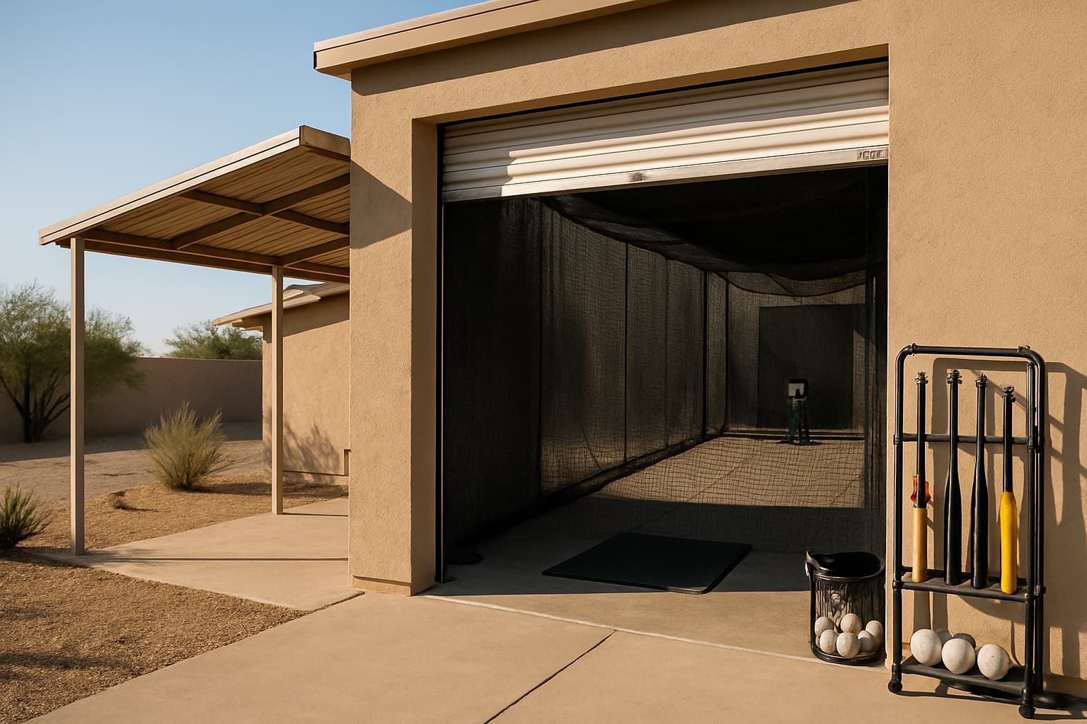 View of a batting cage facility entrance with organized equipment and clear sky.