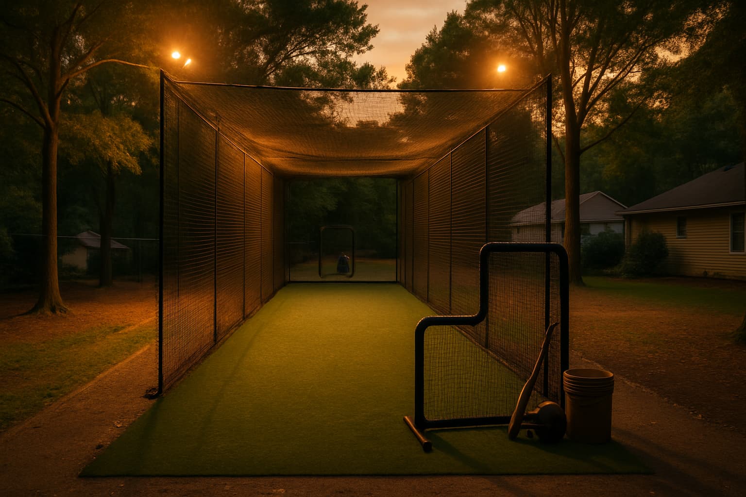 Evening view of a batting cage with warm lighting and safe gear storage.