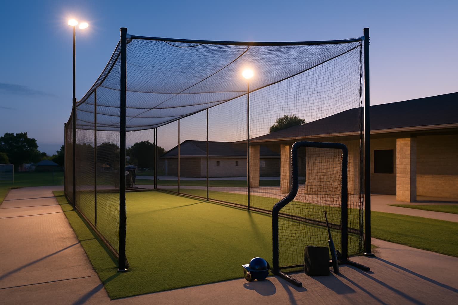 Evening view of a batting cage with lights, clean turf, and safe gear storage.
