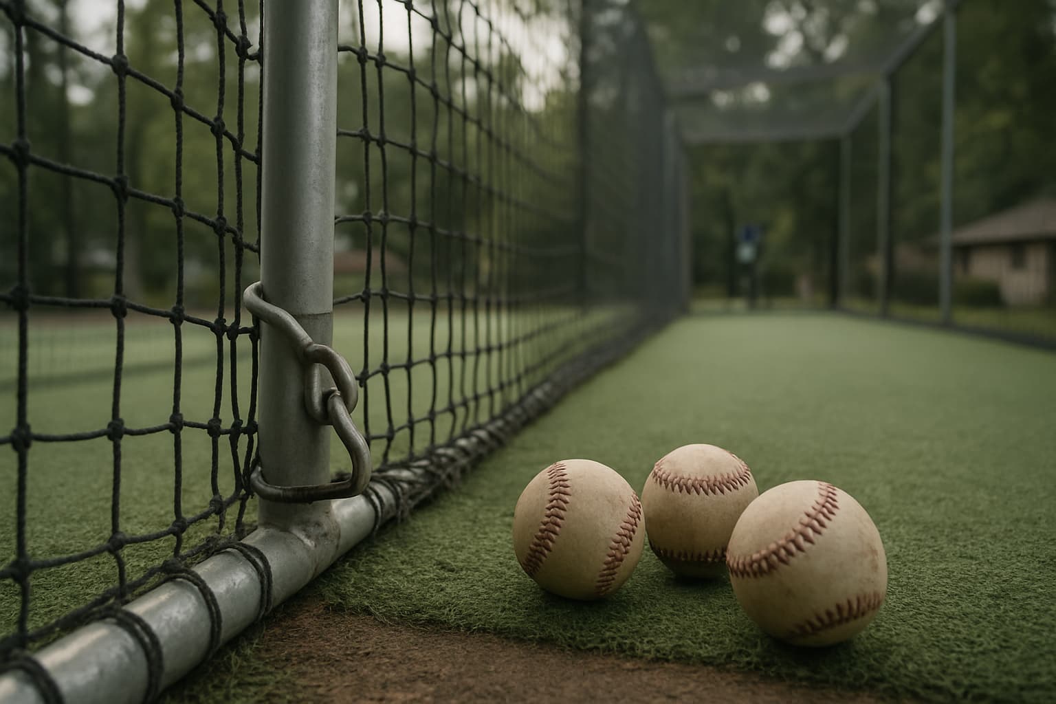 Close-up of baseballs on turf beside batting cage netting.