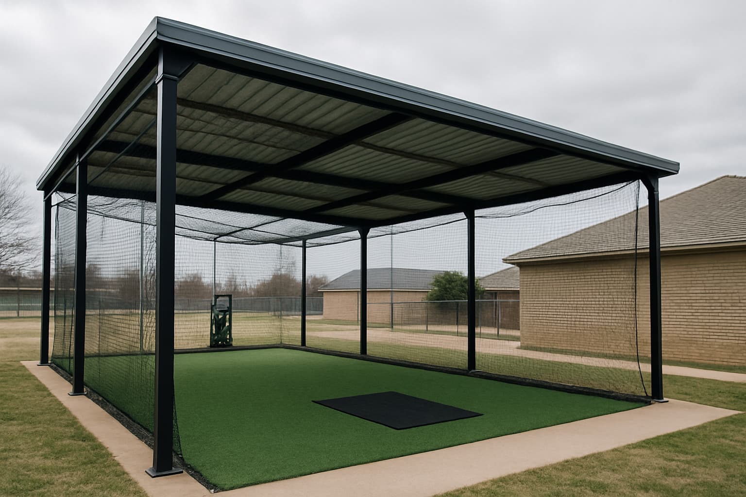 Covered batting cage with green turf and netting in a suburban setting.
