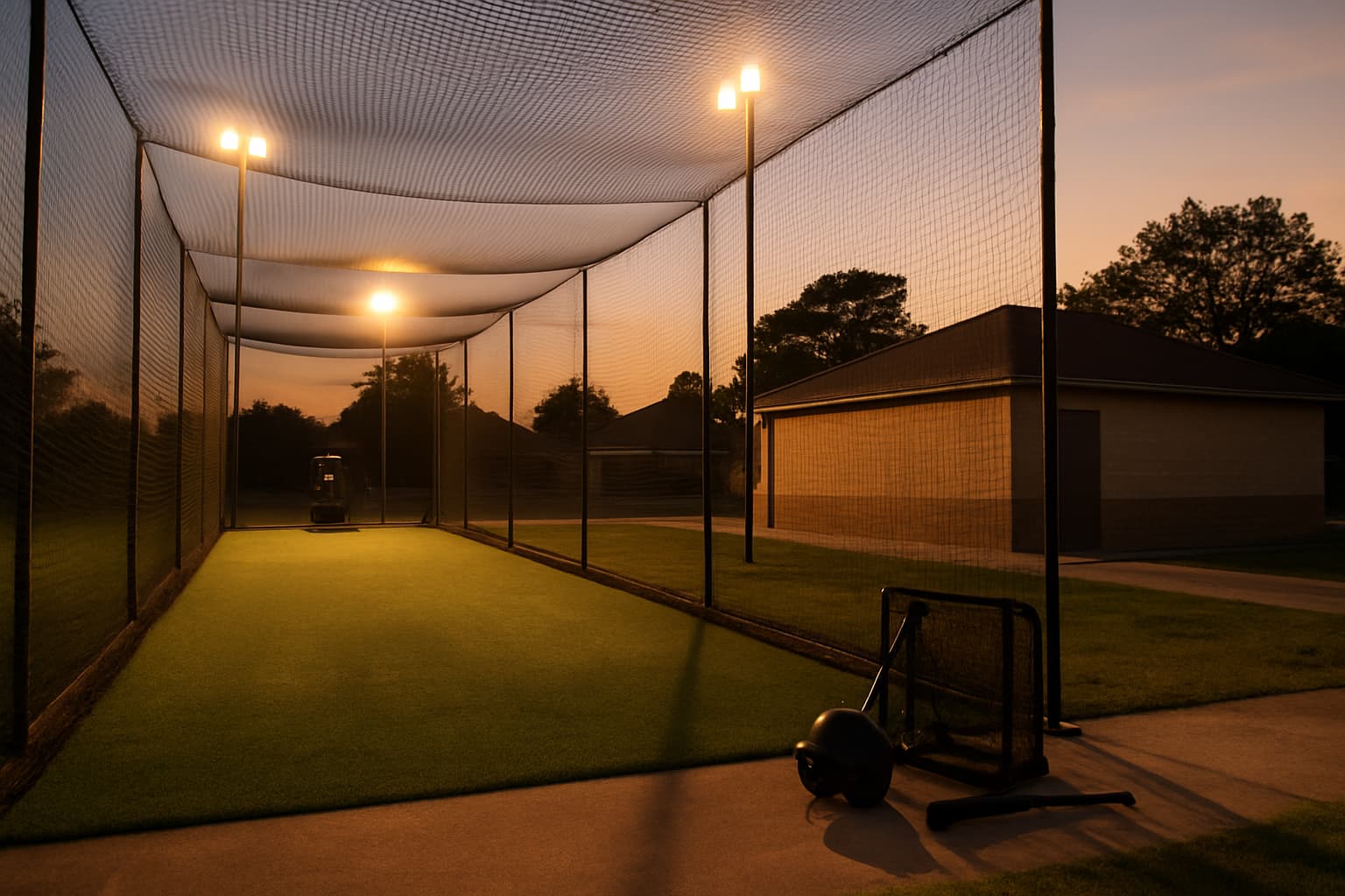Evening view of a batting cage with lights, clean turf, and safe gear storage.