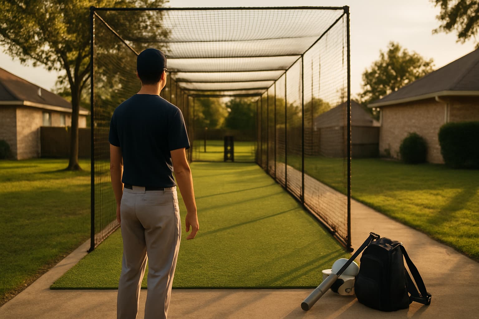 A person stands calmly in a batting cage, observing the turf lane in warm afternoon light.