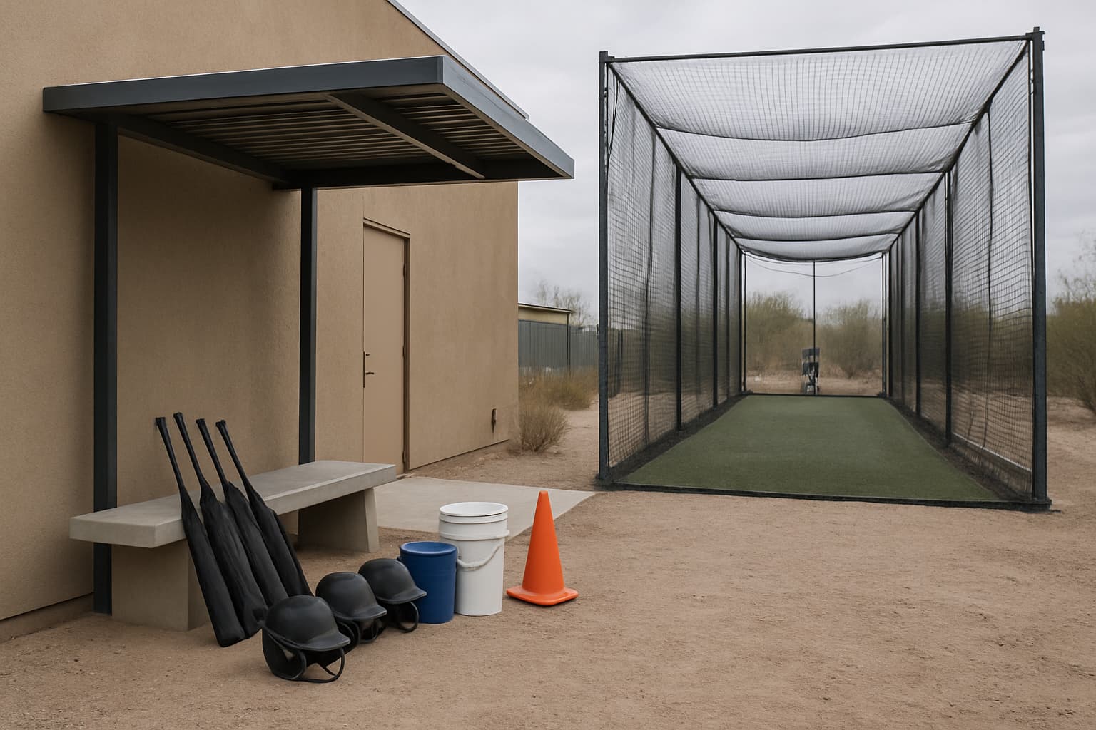 Staging area beside a batting cage with bats, helmets, and a bucket in a desert setting.