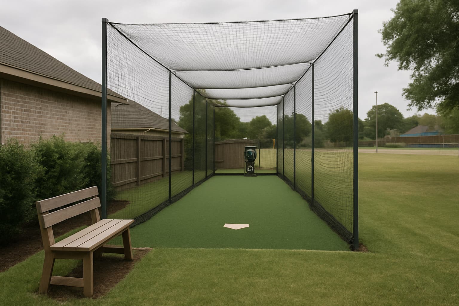 Backyard batting cage with clean turf, bench, and pitching machine in a suburban setting.
