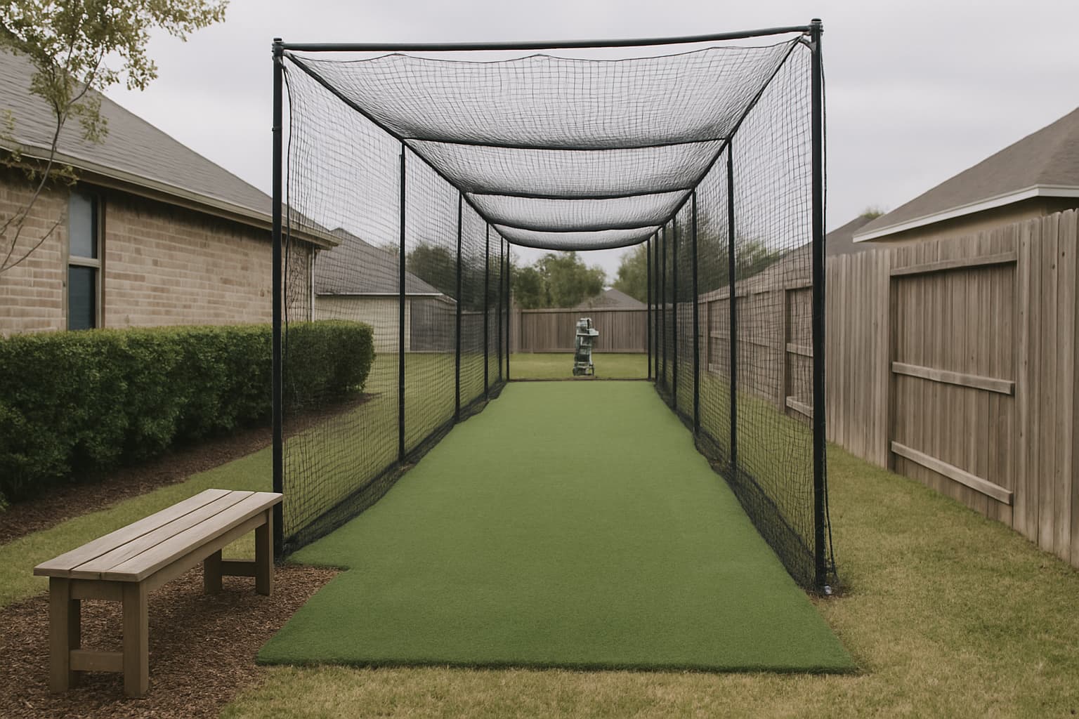 Backyard batting cage with clean turf and a bench, set in a suburban environment.
