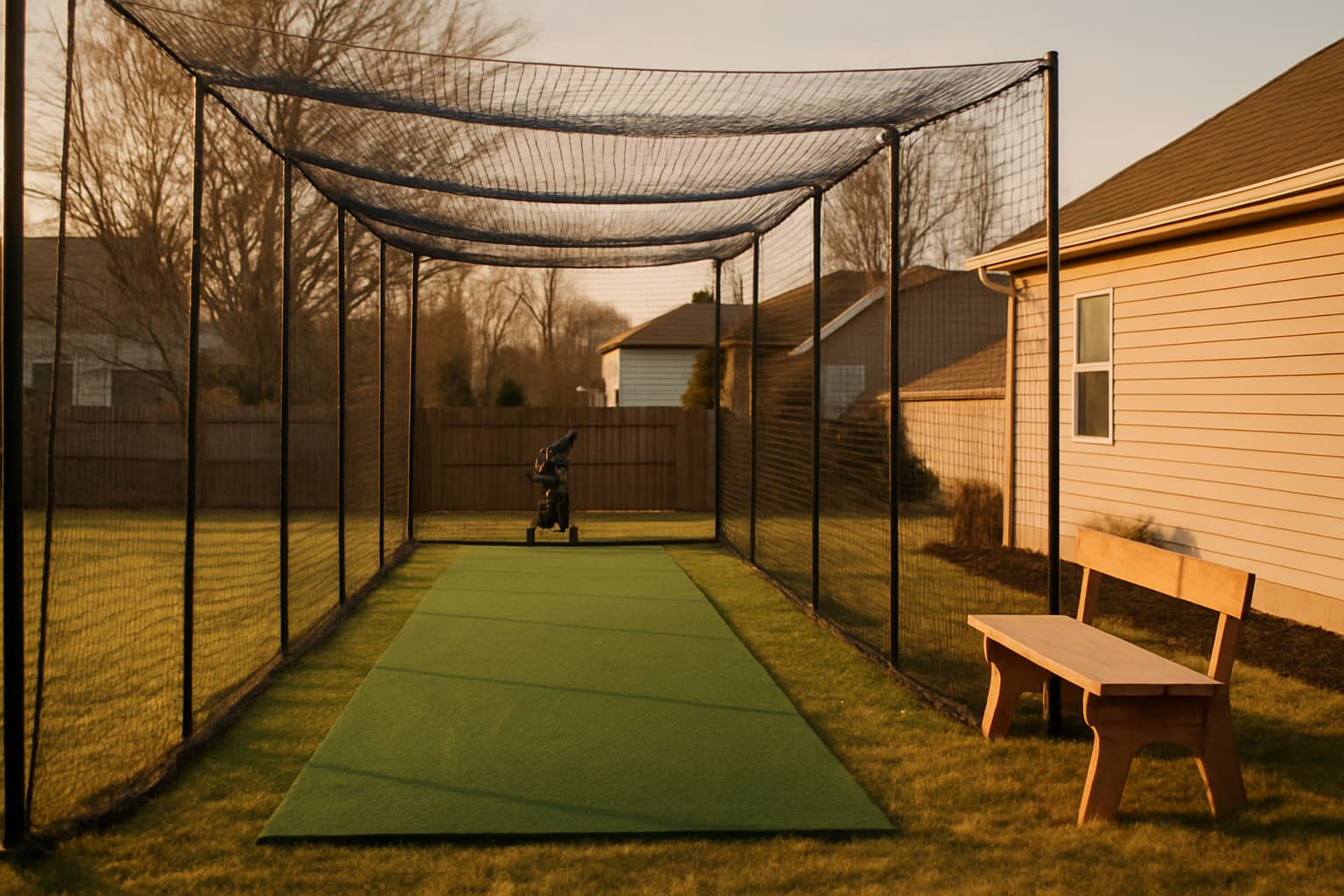 Backyard batting cage with clean turf and a bench, illuminated by warm afternoon light.