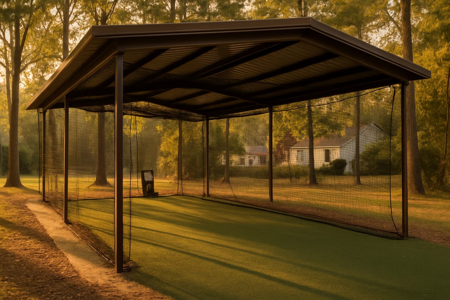 Covered batting cage with netting and warm afternoon light, surrounded by trees.