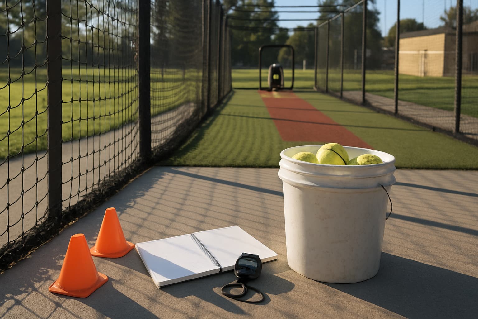Empty batting cage with a bucket of yellow softballs, cones, stopwatch, and notebook.