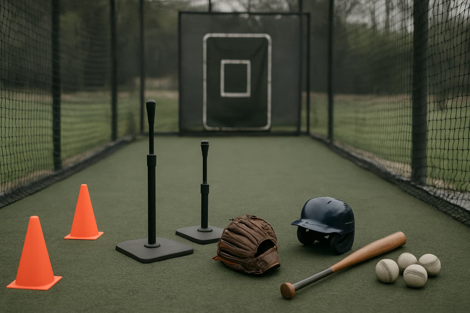 Drill station in a batting cage with tees, cones, helmet, bat, and balls staged safely.