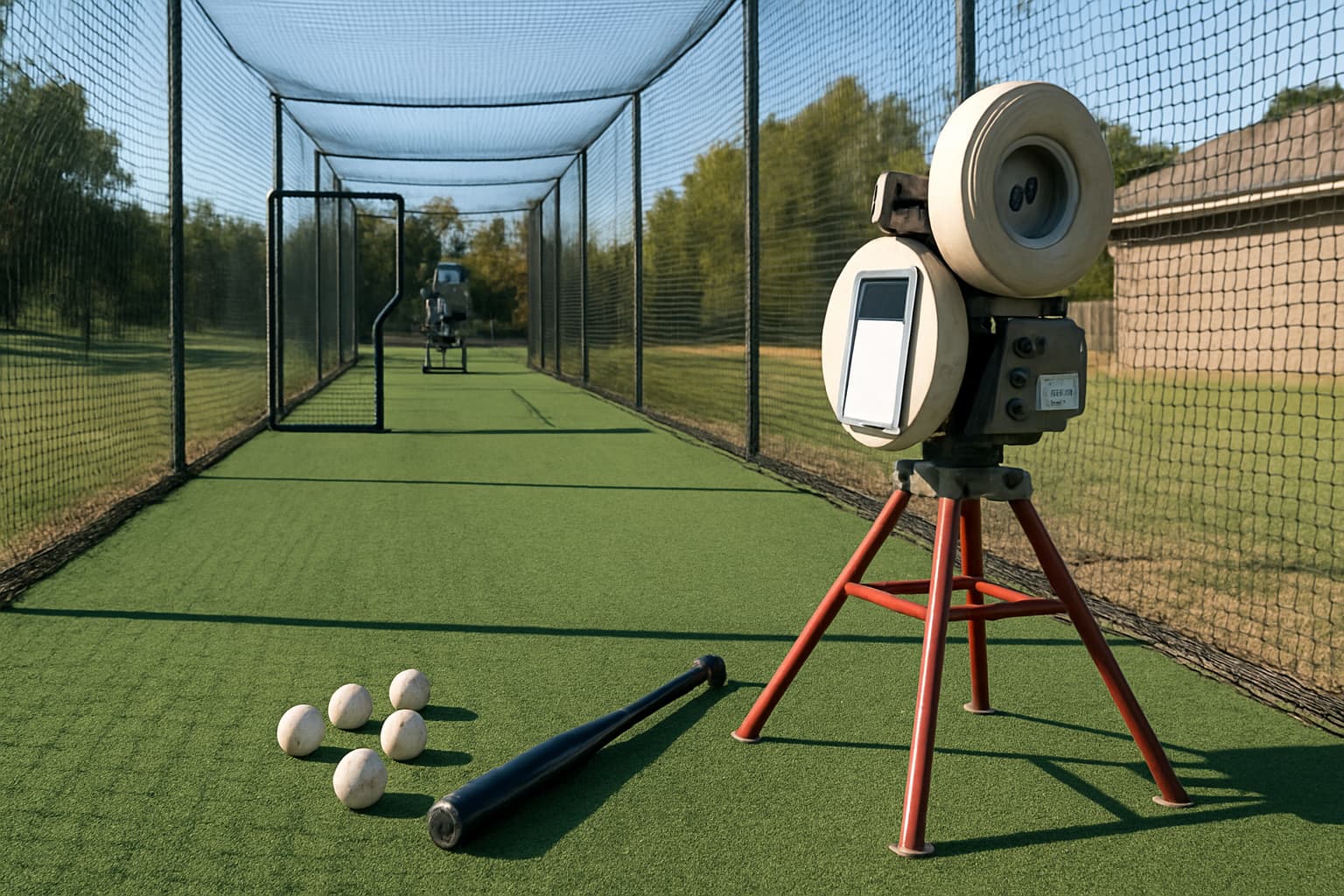 Pitching machine at the far end of a batting cage with baseballs and a bat on the turf.