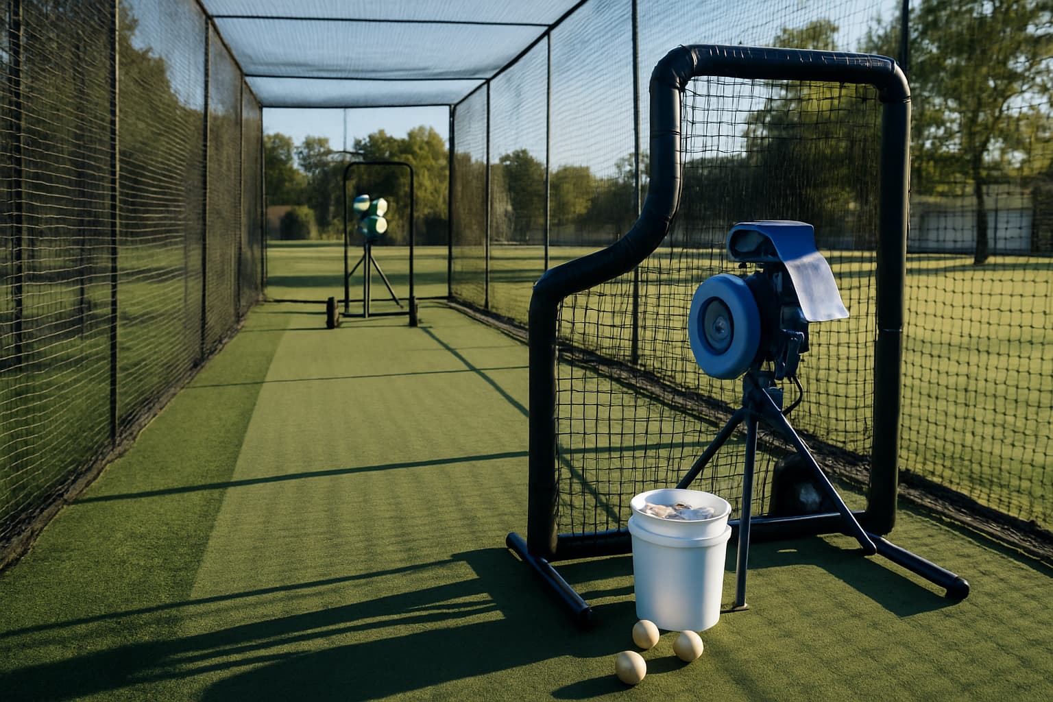 Pitching machine and ball bucket in an empty batting cage with clear morning light.