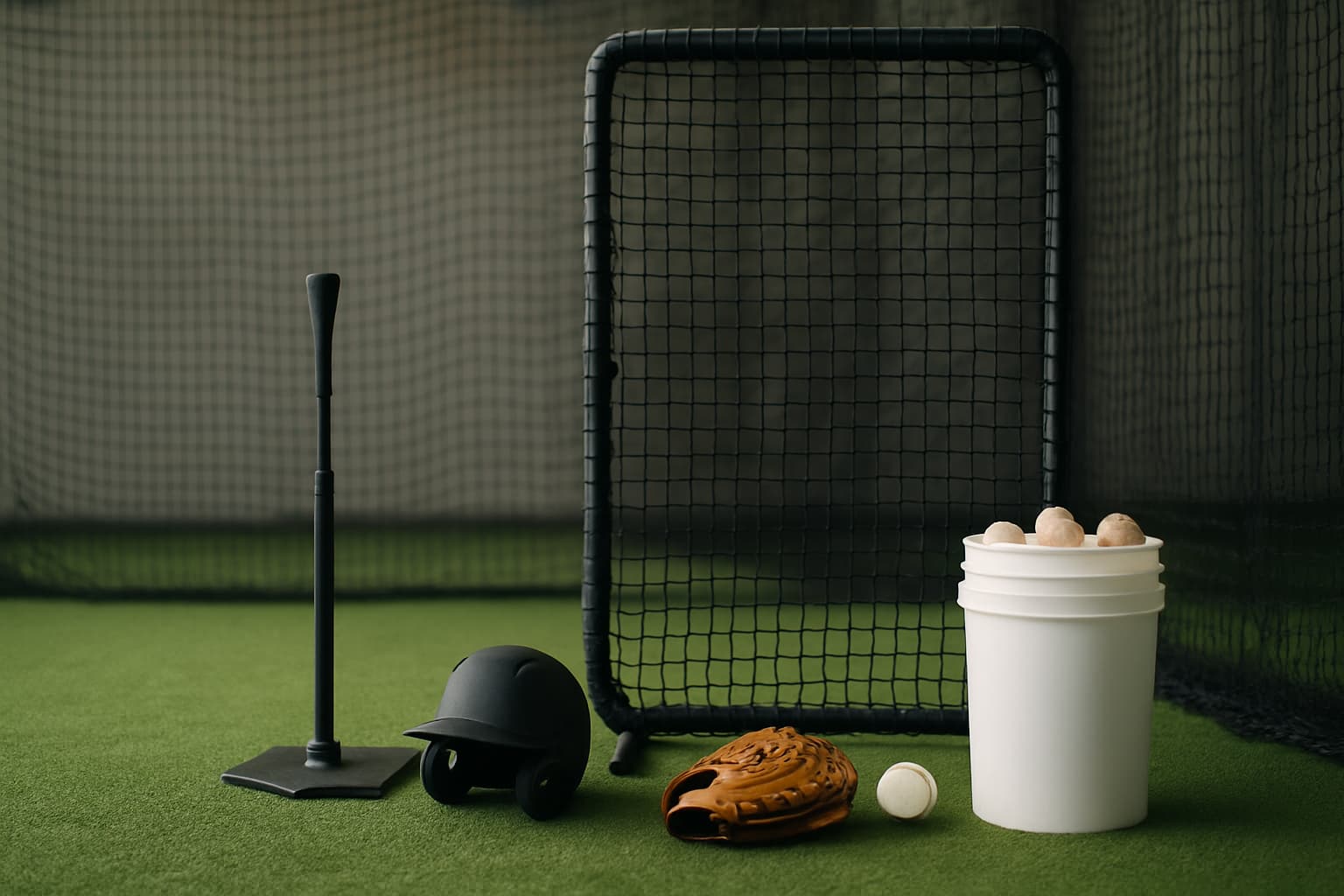 Batting cage equipment including a tee, helmet, glove, and bucket of baseballs on turf.