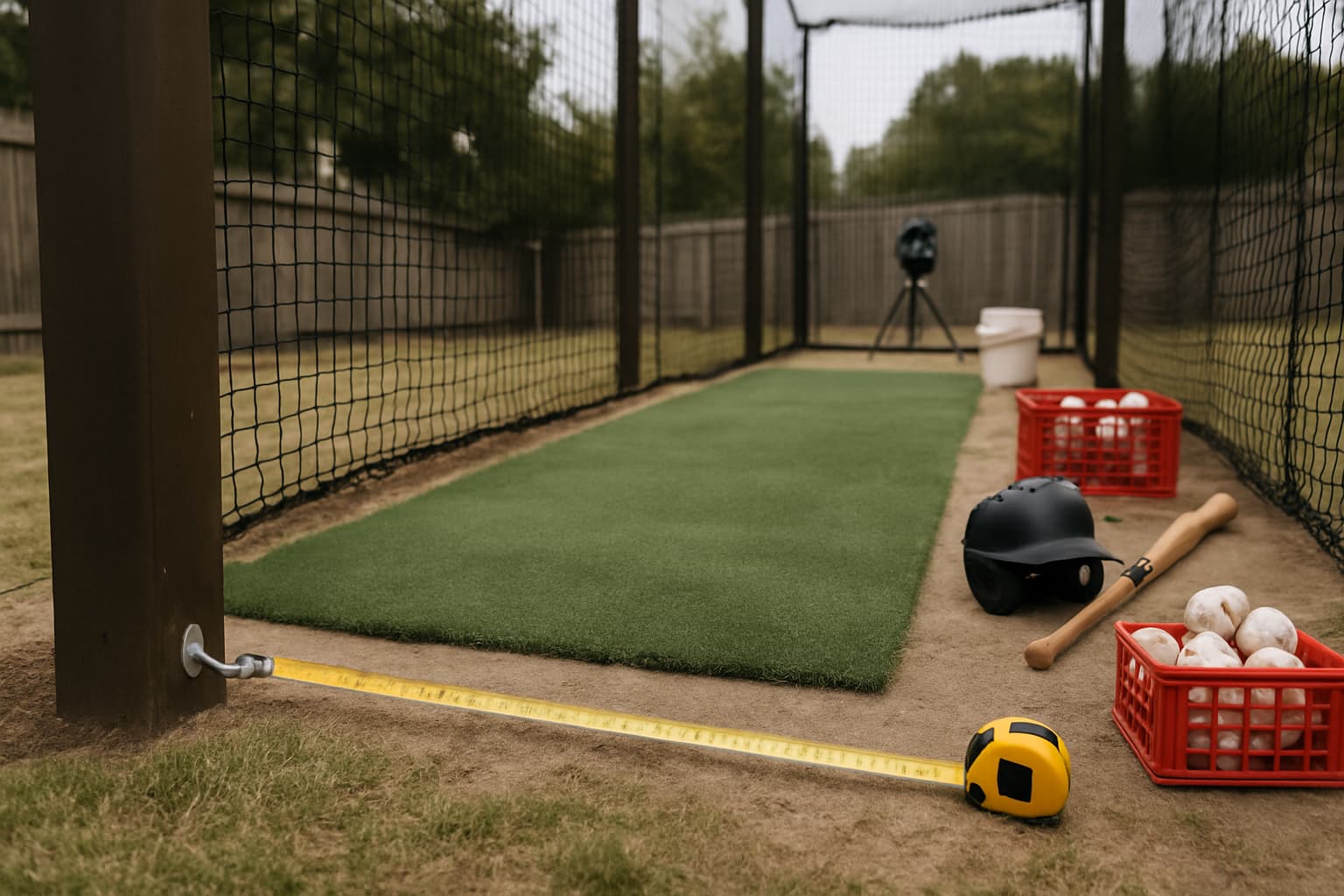 Backyard batting cage with turf, measuring tape, helmet, bat, and baseballs in baskets.