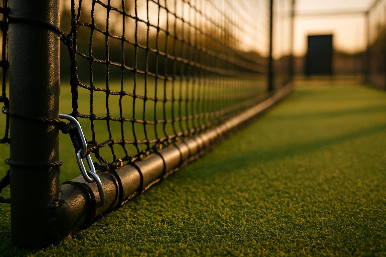 Close-up of batting cage netting and frame with turf below in warm afternoon light.