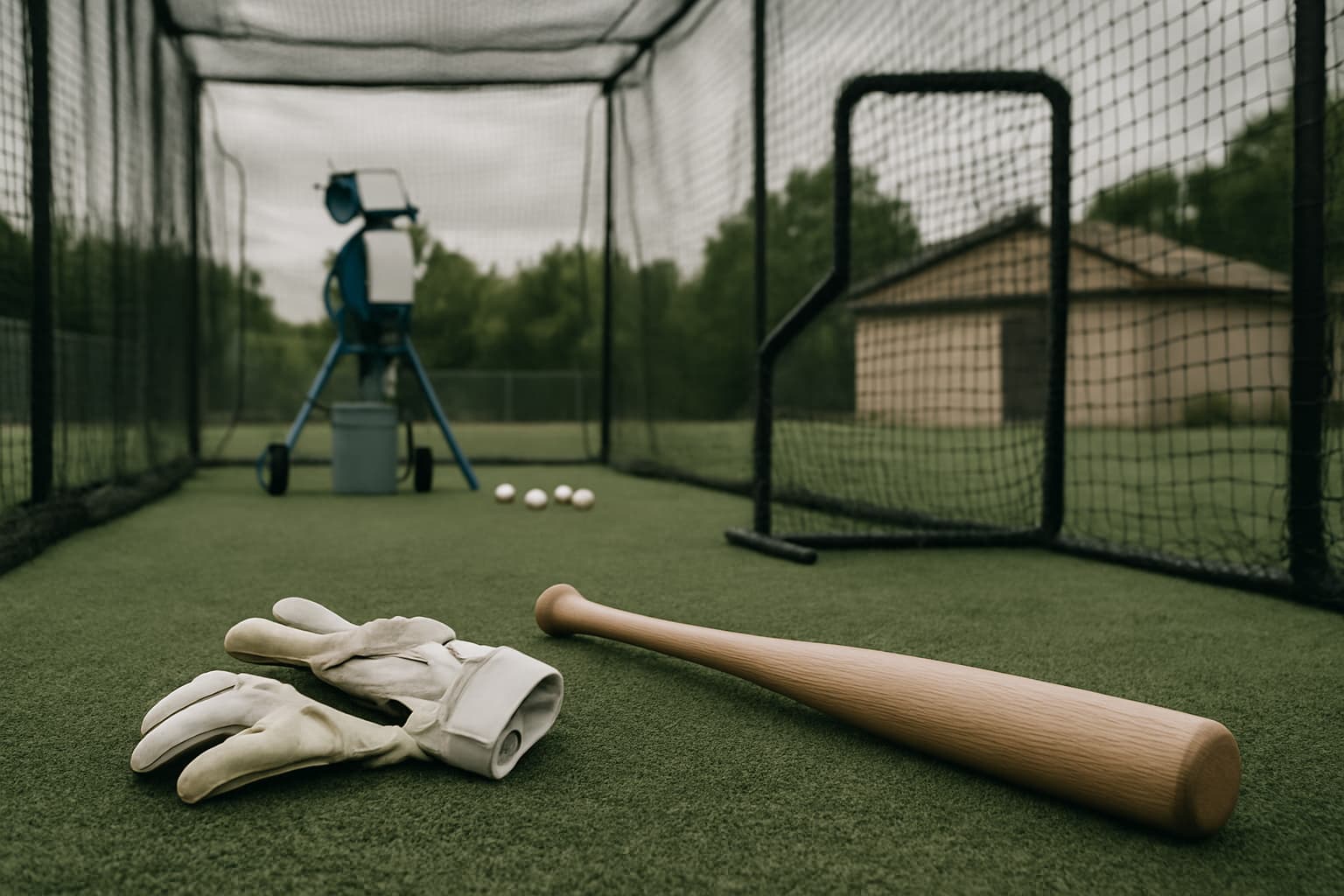 Batting gloves and a bat on turf with a pitching machine in the background.