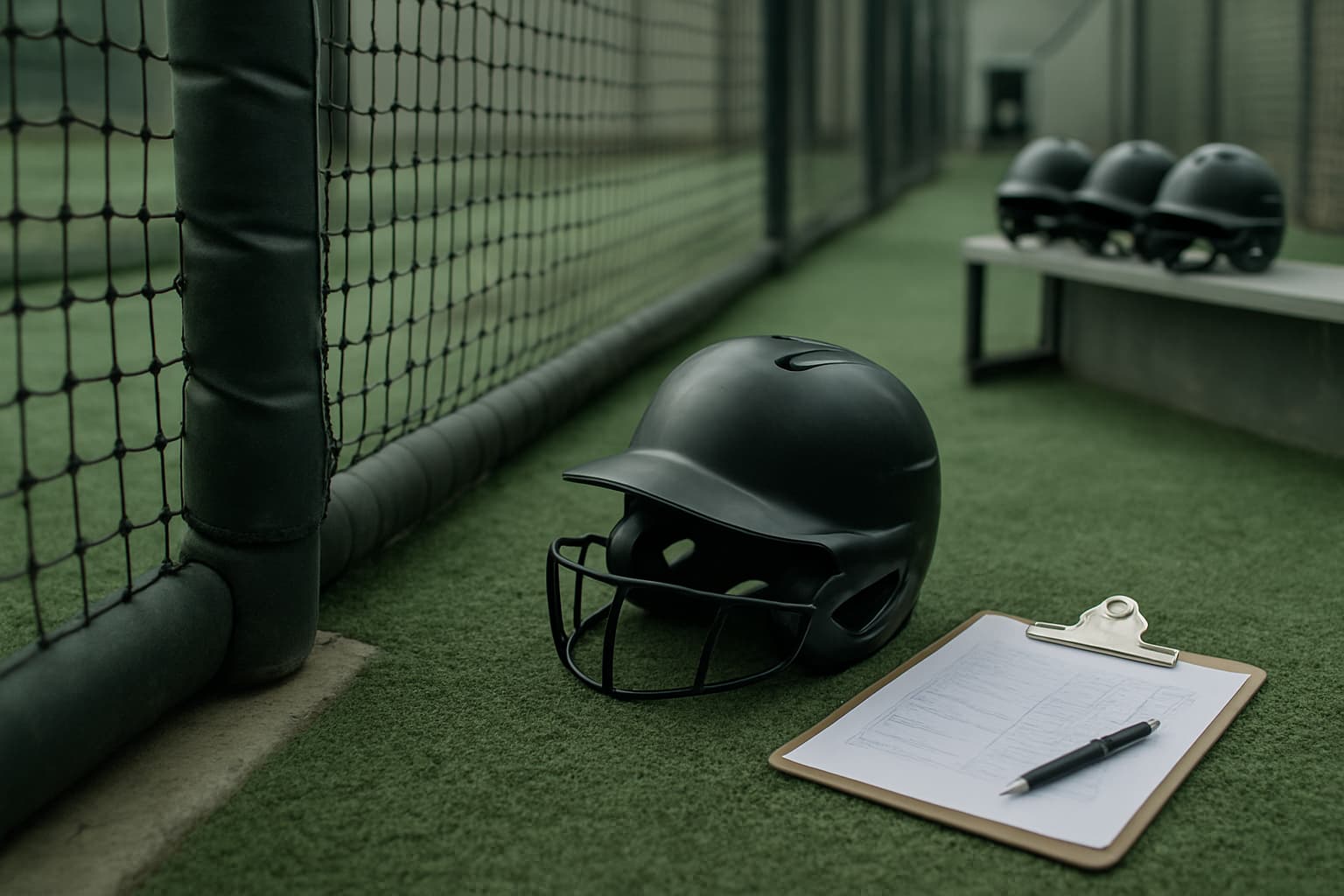 Close-up of a black batting helmet and clipboard on turf in a batting cage.