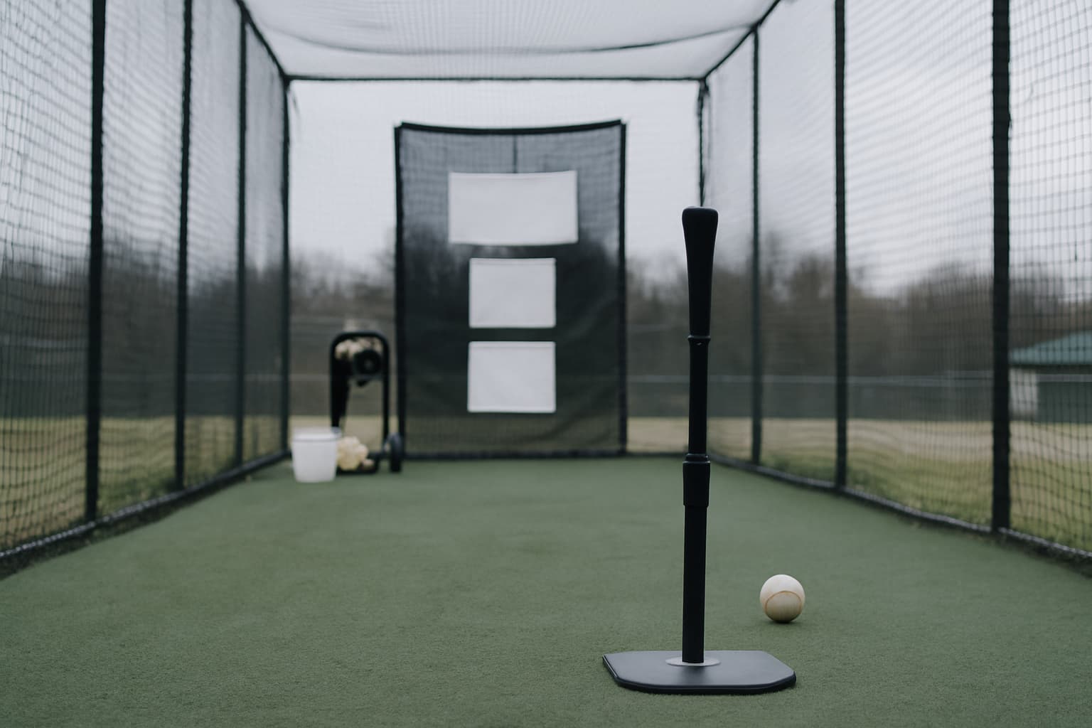 Empty batting cage with a tee and a pitching machine in the background.
