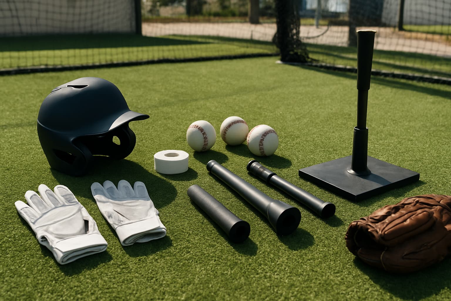 Flat lay of baseball equipment including a helmet, gloves, and tees on turf.
