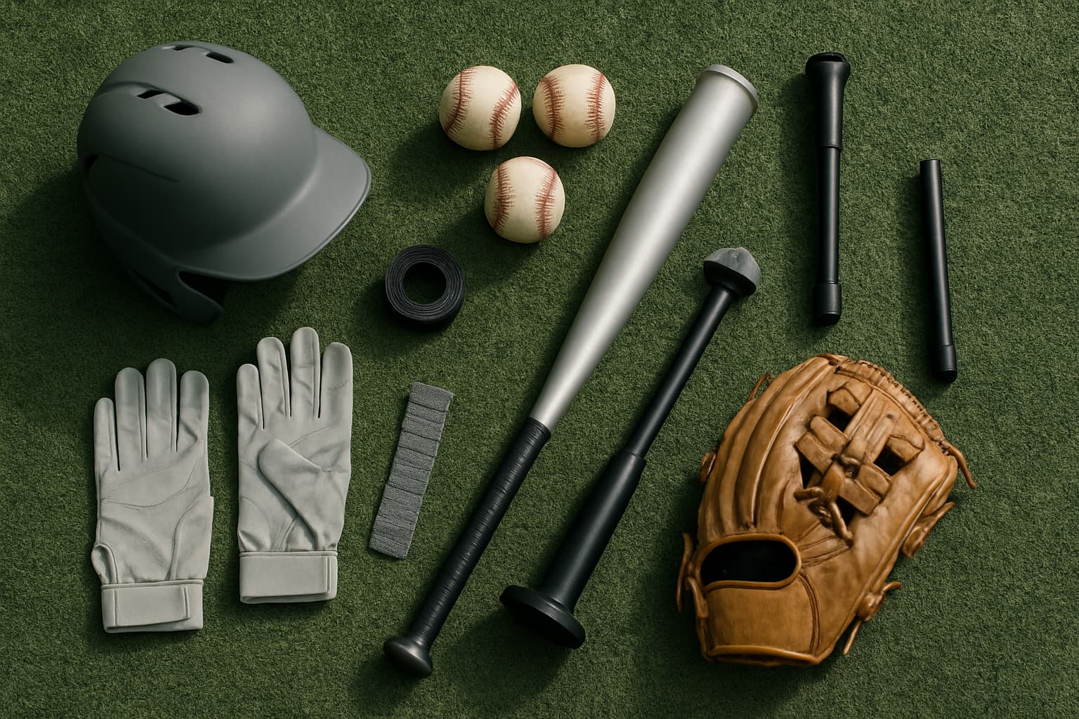 Flat lay of baseball equipment including a helmet, gloves, bats, and baseballs on green turf.