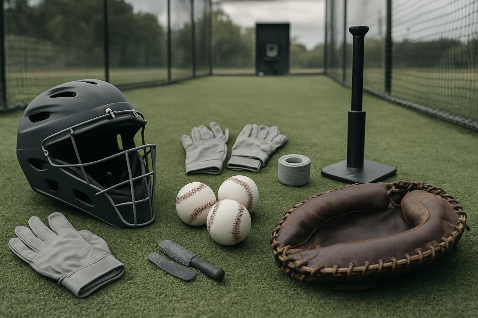 Flat lay of catcher's gear including a helmet, gloves, baseballs, and a glove on turf.