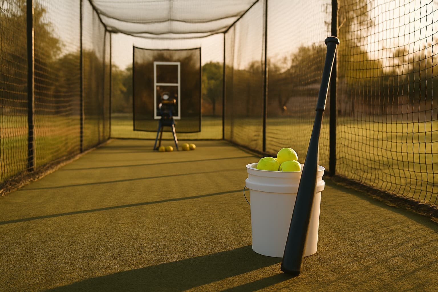 Empty batting cage with a pitching machine and a bucket of yellow softballs.