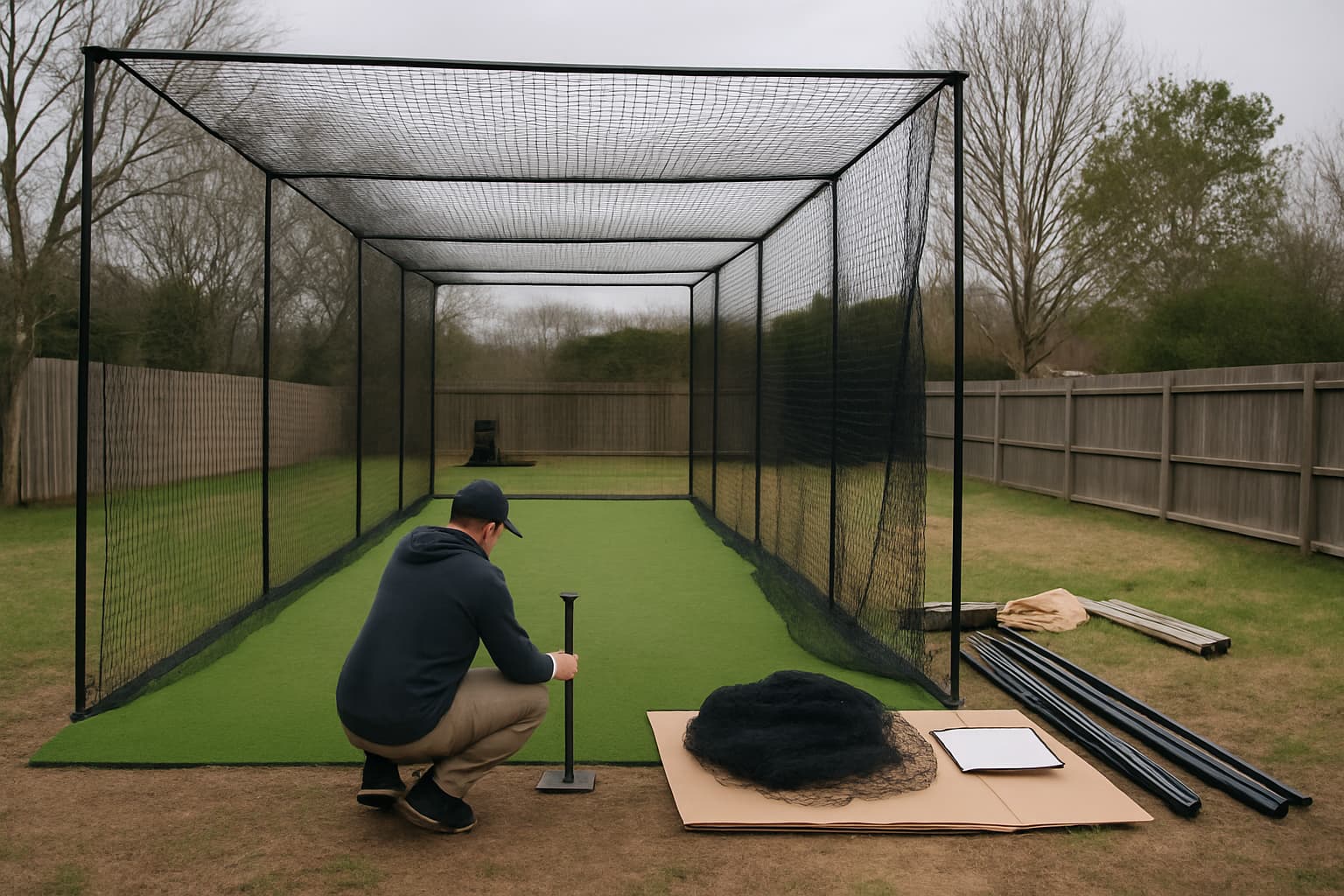 A coach kneels to set up a tee in a backyard batting cage under overcast skies.