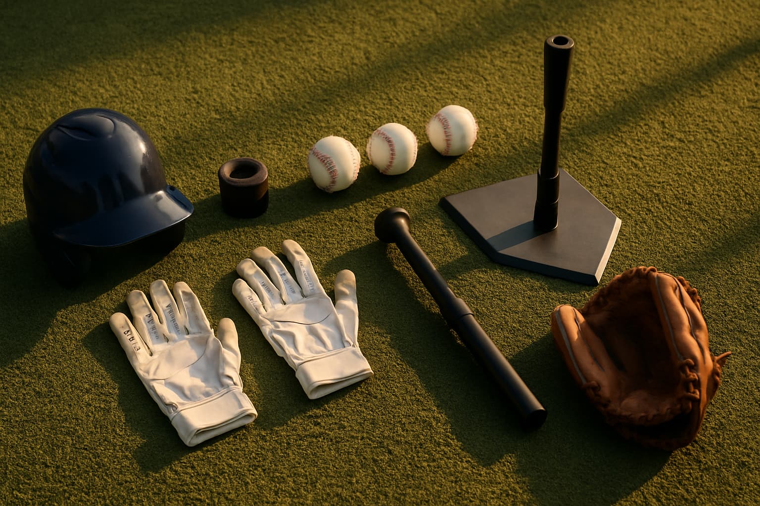 Flat lay of baseball equipment including a helmet, gloves, baseballs, and a tee on turf.