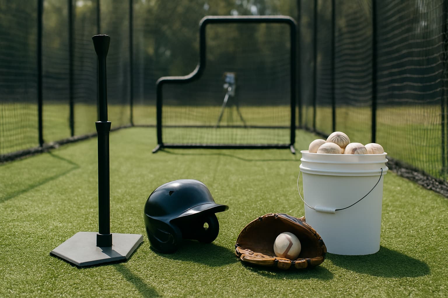 Close-up of a compact pitching machine firing a small training ball toward a hitter in a batting cage.