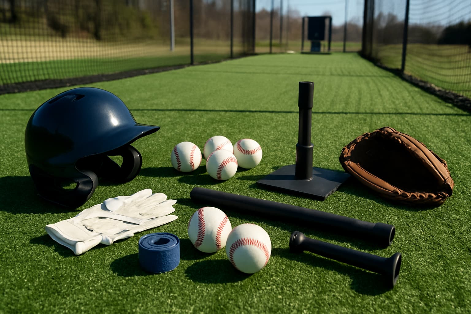 A small portable pitching machine set up for a young player in a backyard batting cage.