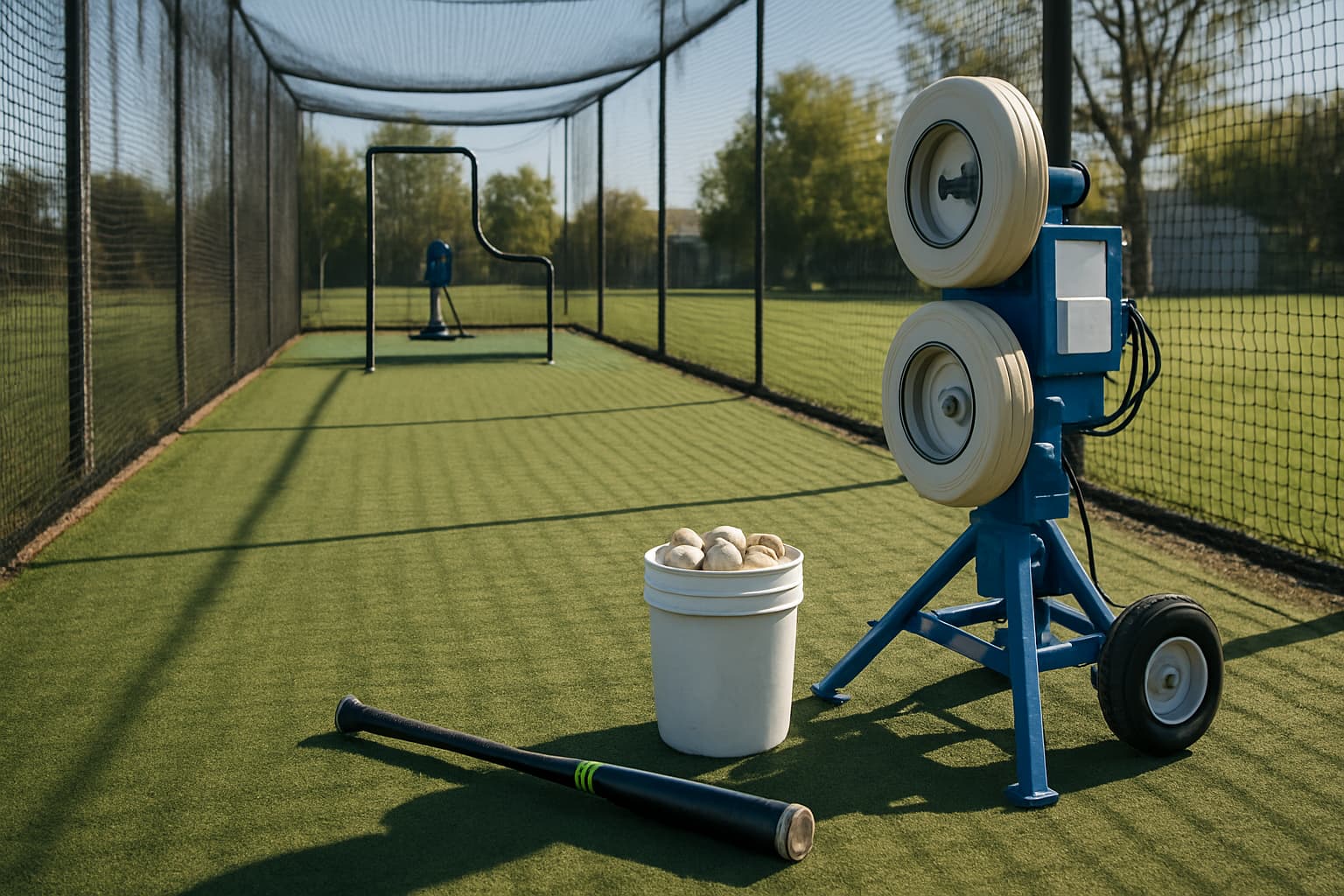 Pitching machine and gear setup in a batting cage with a bucket of balls.