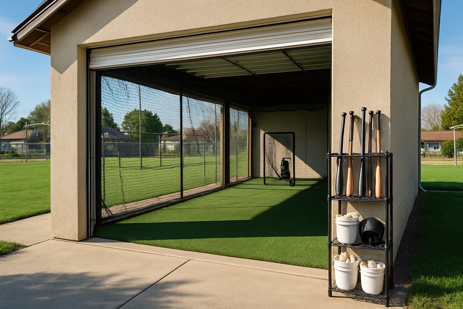 View of a batting cage entrance with organized equipment and natural light.