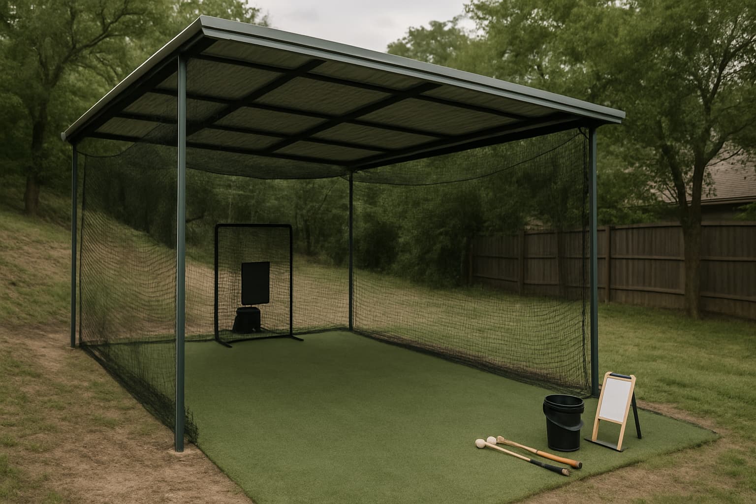 Covered batting cage with netting and organized tools in a backyard setting.