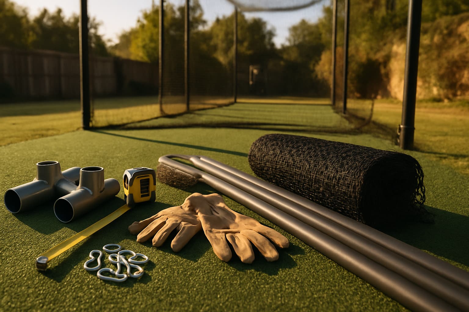 Construction materials for a backyard batting cage on turf, including pipes, gloves, and a measuring tape.