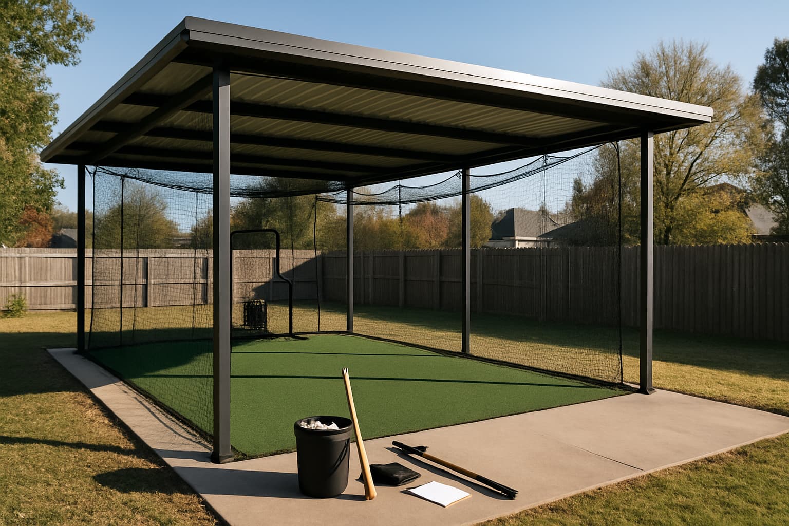 Covered backyard batting cage with turf, netting, and organized tools.